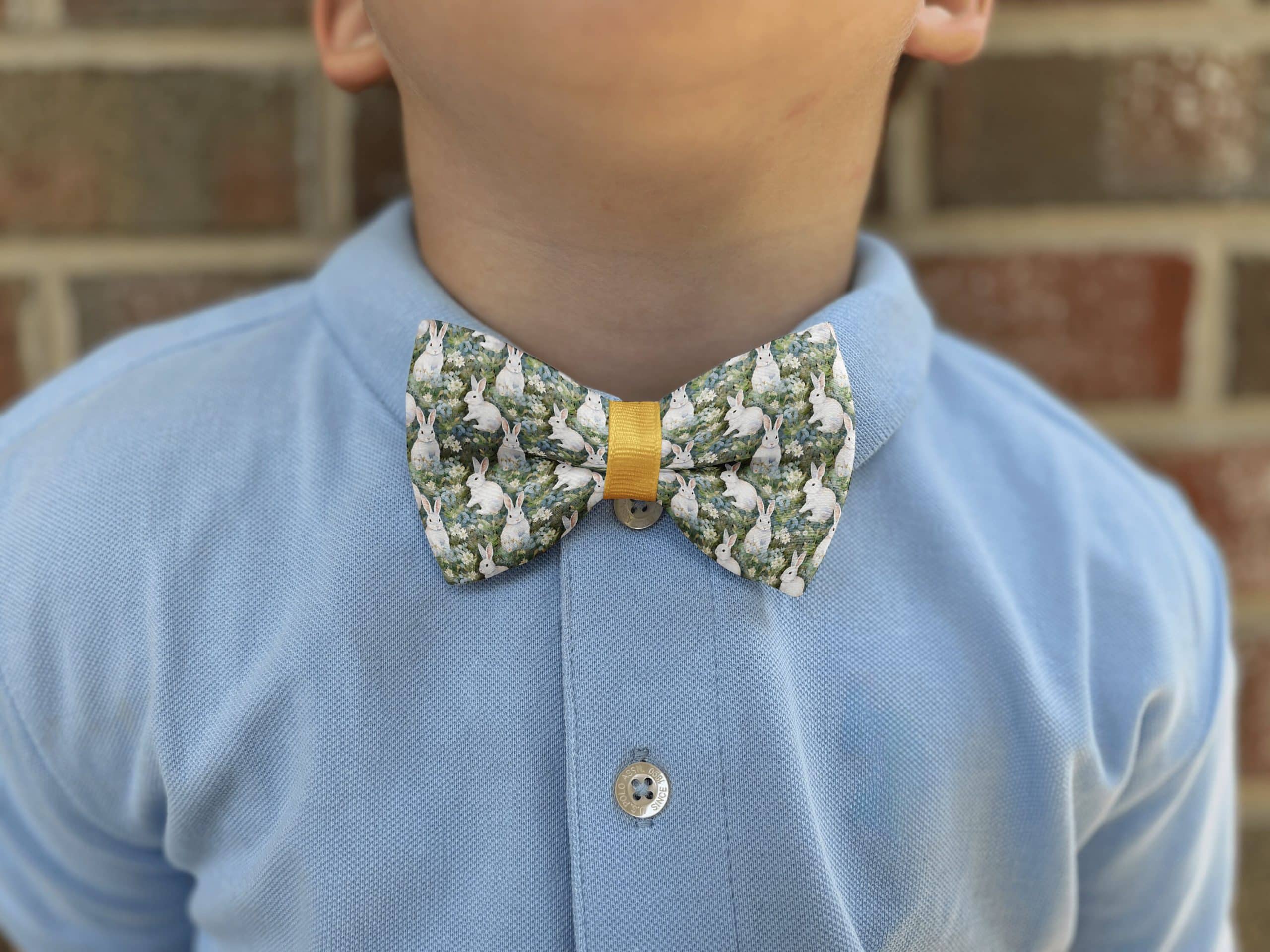 Child wearing rabbit-patterned bow tie and blue shirt.