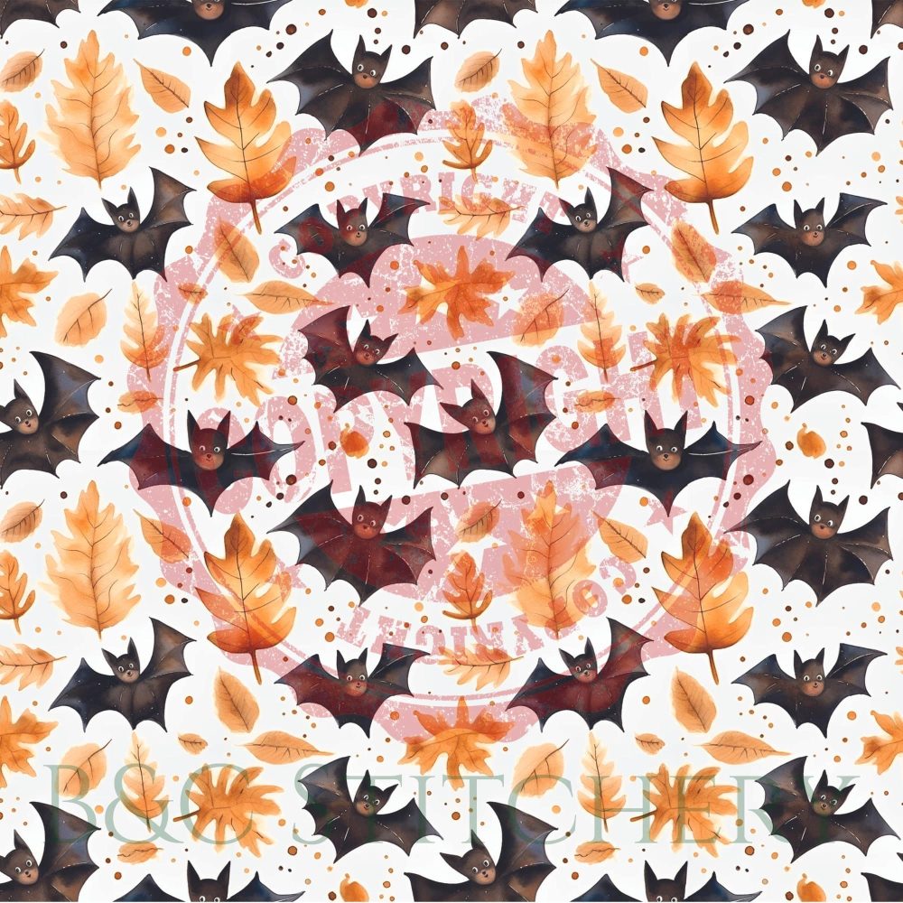 Illustrated bats and autumn leaves pattern design