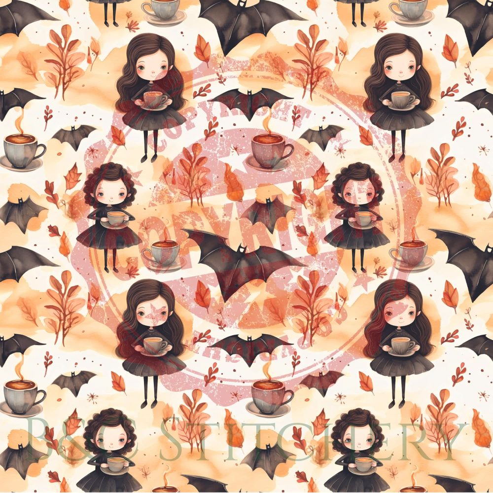 Autumn pattern with girl, bats, and coffee cups.