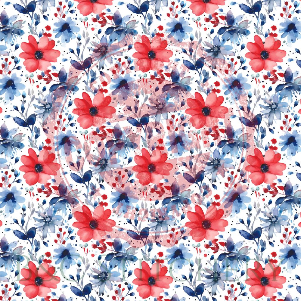 Red and blue watercolor floral pattern