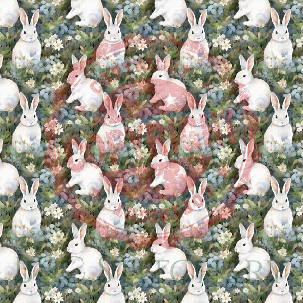 Pattern of white rabbits in floral greenery.