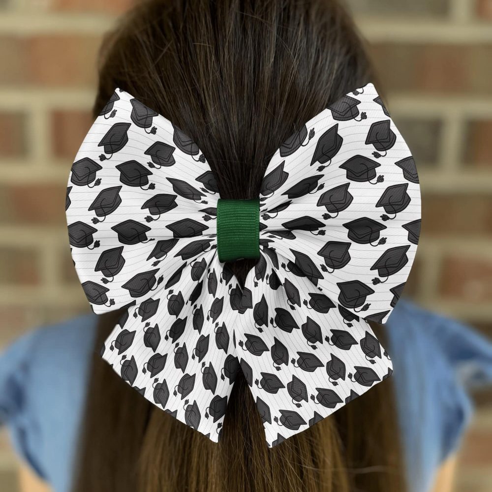 Graduation cap bow on long hair