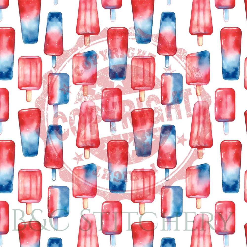 Pattern of red, blue, white watercolor popsicles