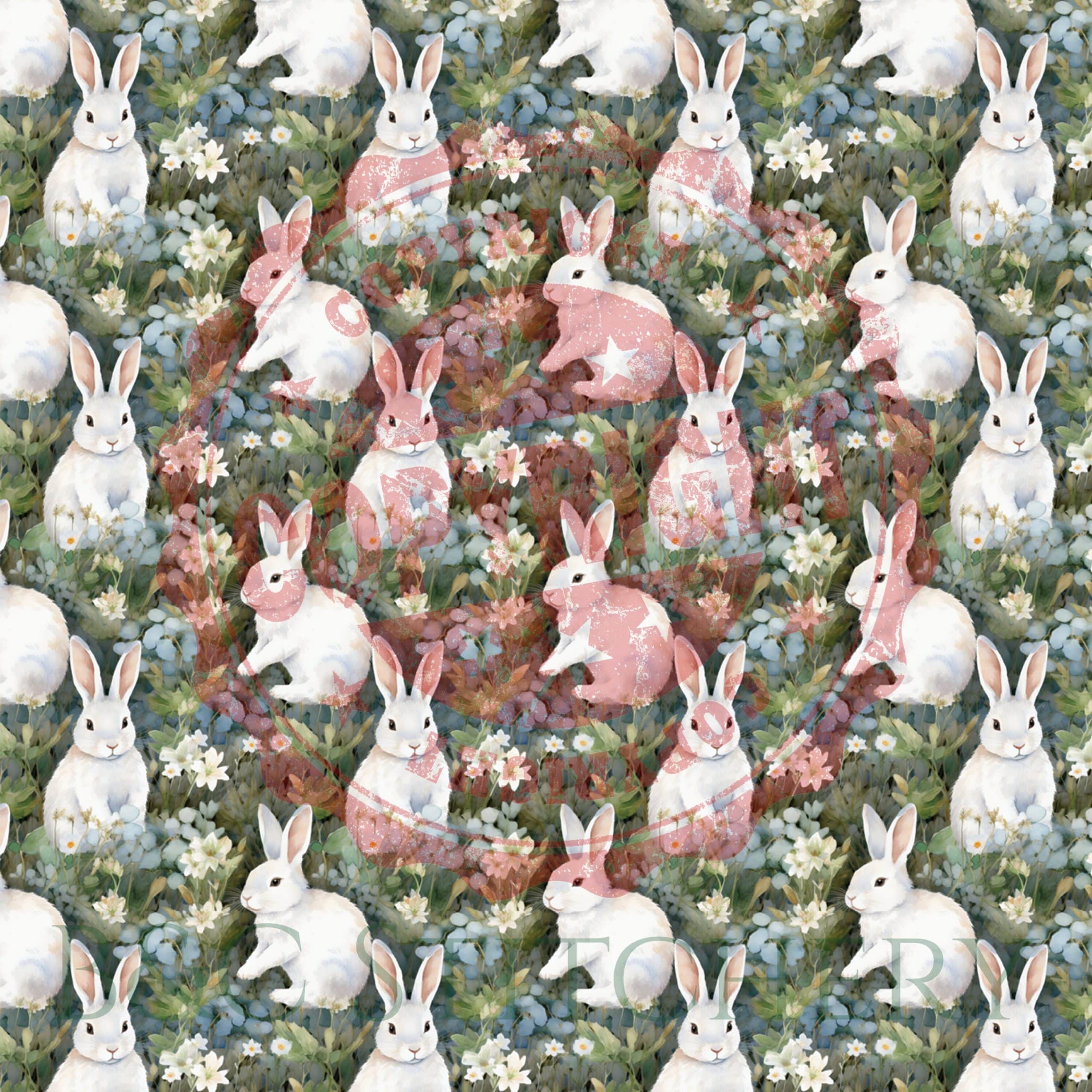 Pattern of rabbits among flowers and foliage.