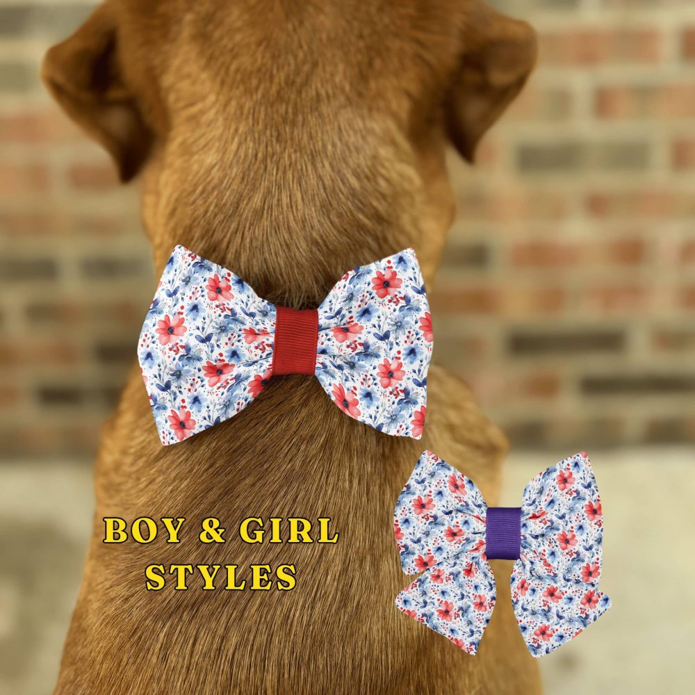 Dog wearing floral bow tie, boy and girl styles.