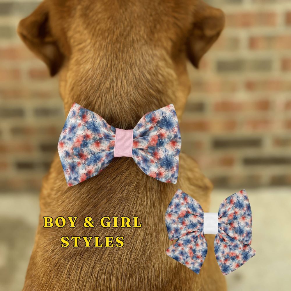 Dog wearing patriotic bow tie collars.