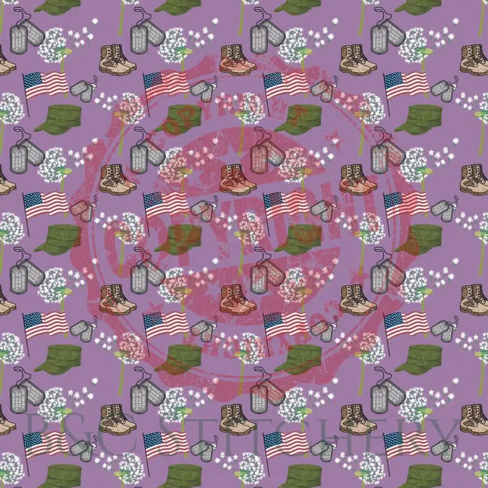 Patriotic pattern with flags, boots, hats, dog tags.