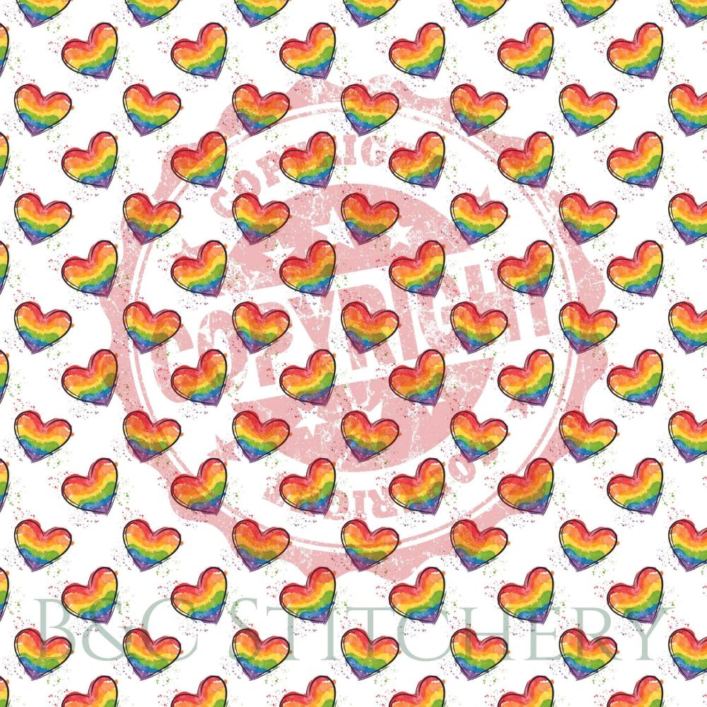 Pattern of rainbow hearts on white background.