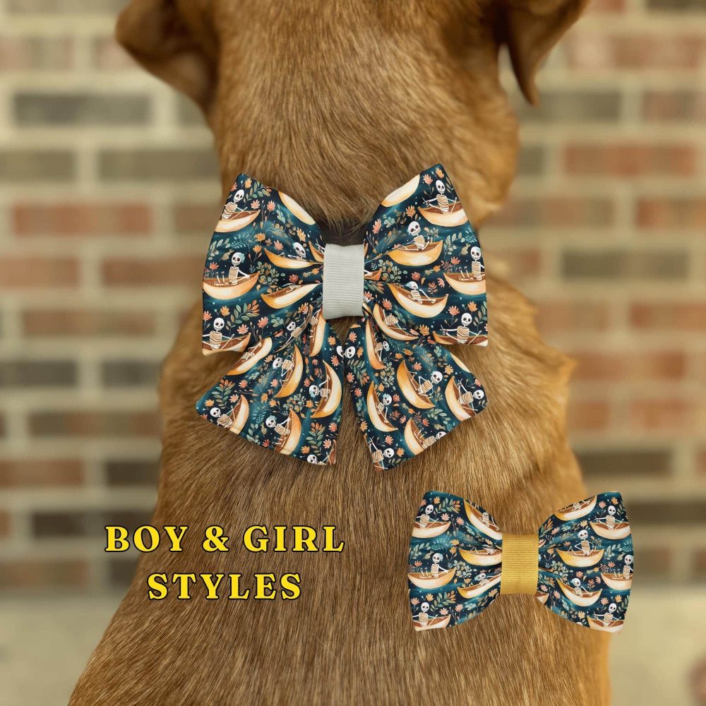 Dog wearing stylish skull-patterned bow ties.