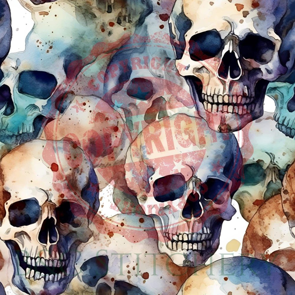 Colorful watercolor skulls with copyright overlay