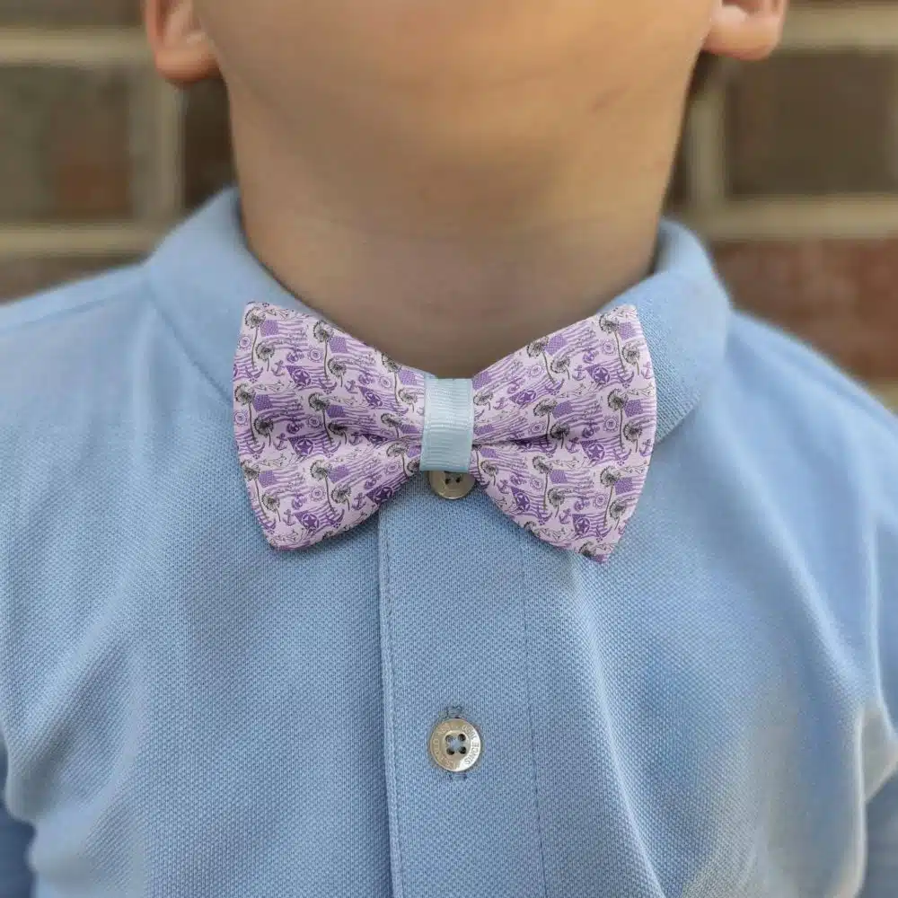 Purple dinosaur bow tie on blue shirt