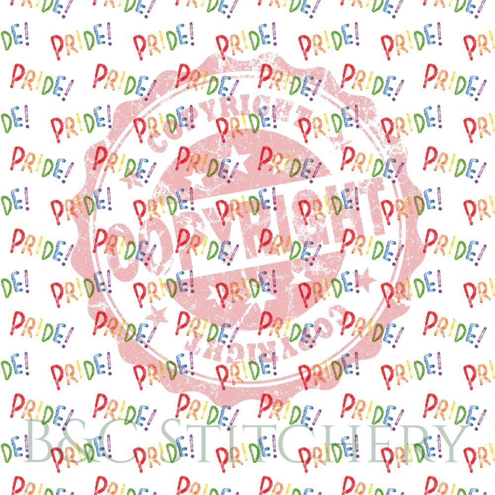 Colorful 'Pride!' text pattern, copyright background.