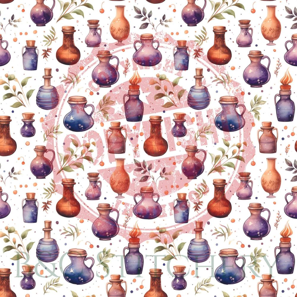 Seamless pattern of colorful potion bottles and plants.