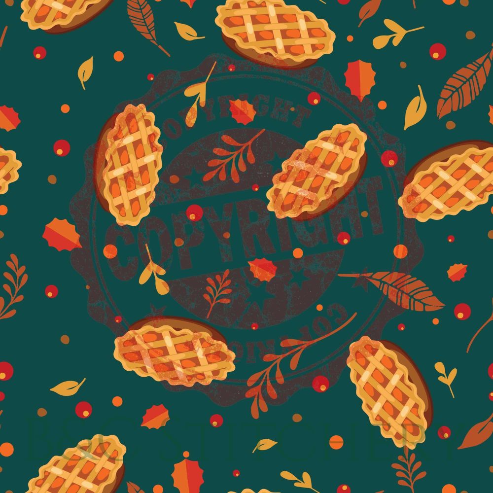 Autumn-themed pattern with pies and colorful leaves.