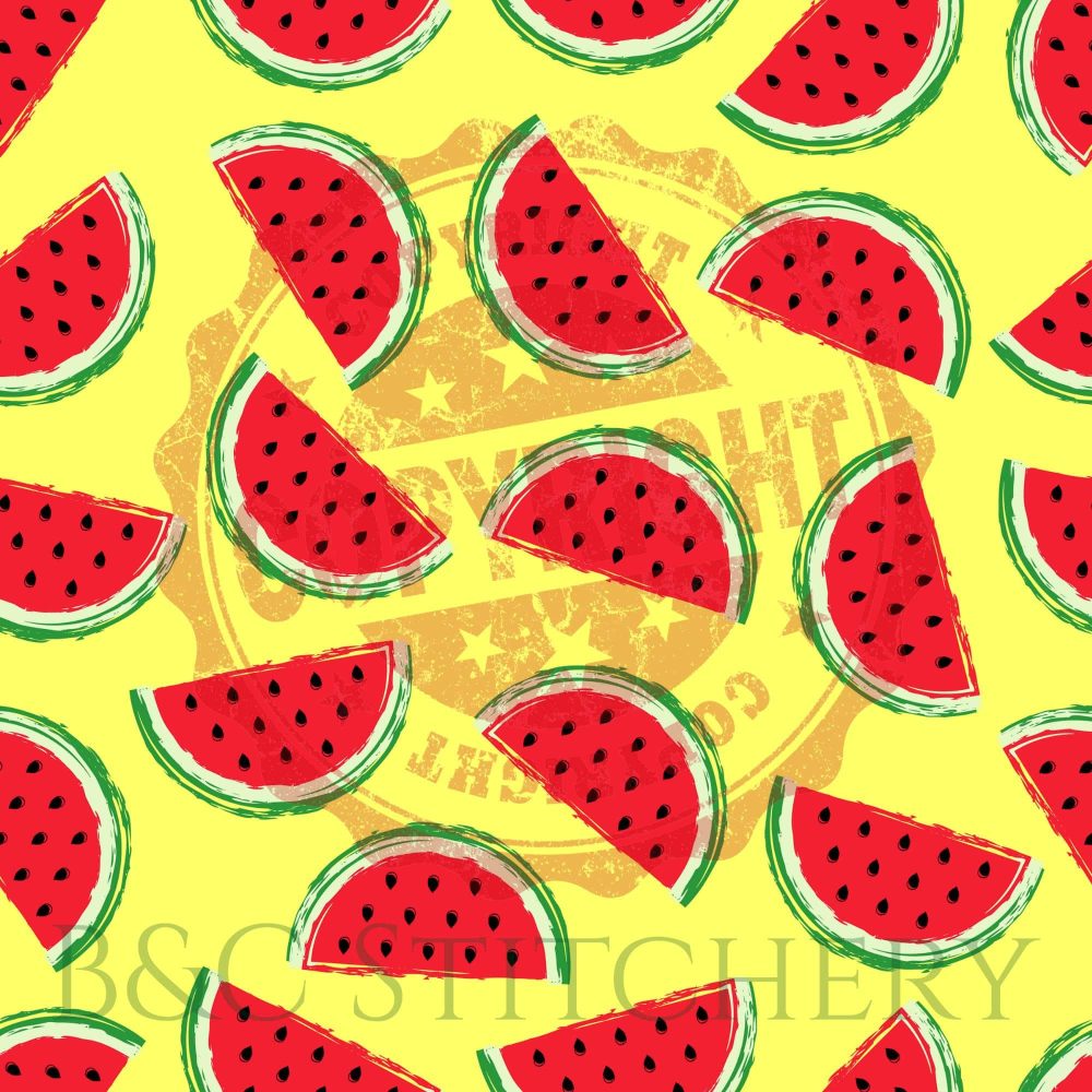 Bright watermelon slices pattern on yellow background.