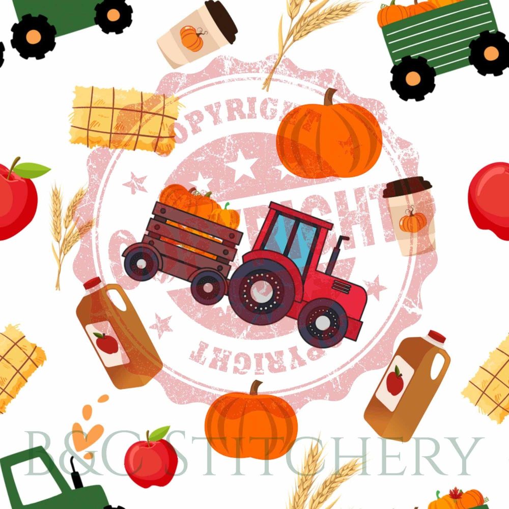 Autumn farm elements with tractors and pumpkins.