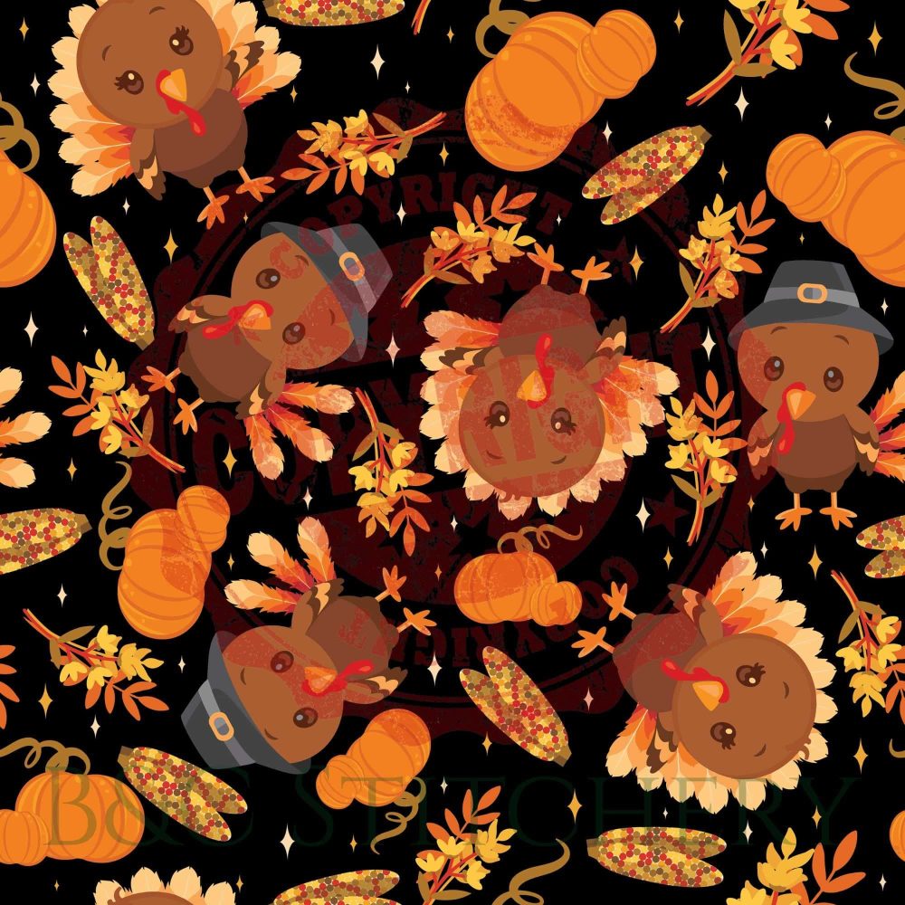 Thanksgiving turkeys and pumpkins pattern on black background.