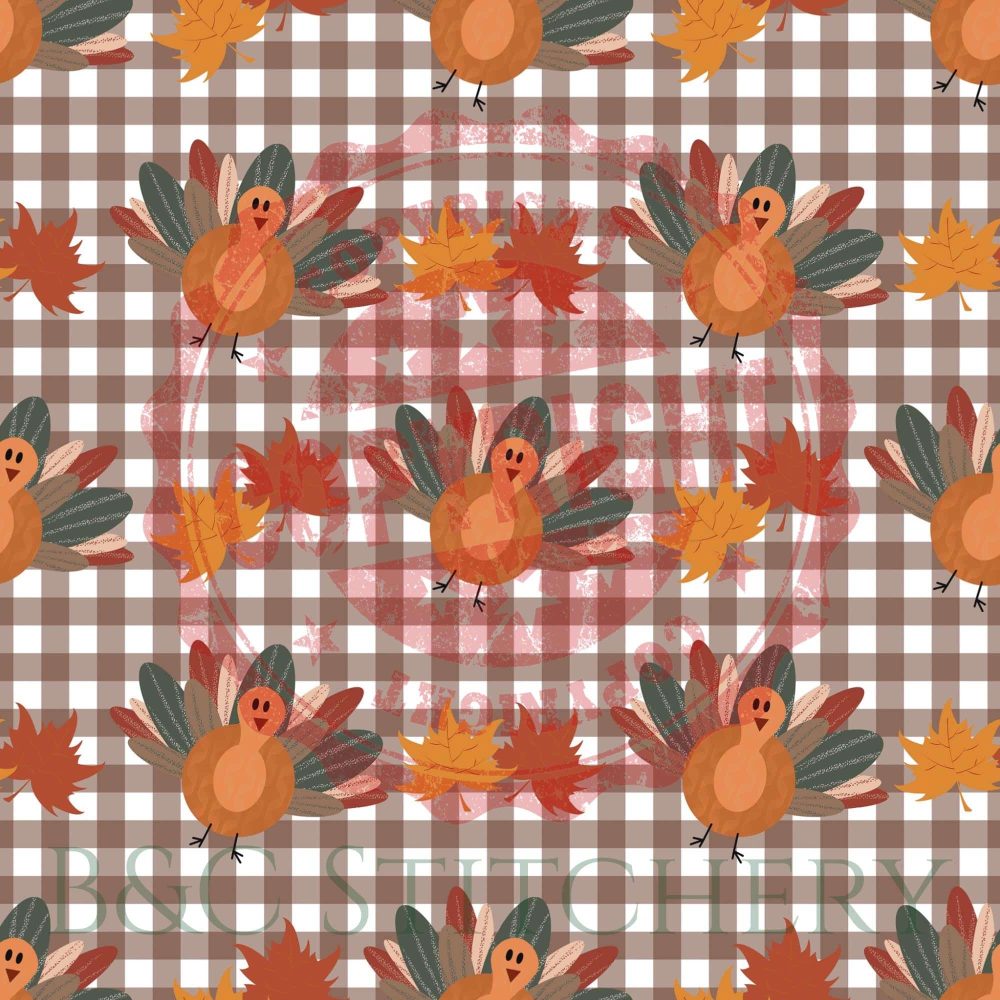 Pattern of turkeys and autumn leaves on plaid background.