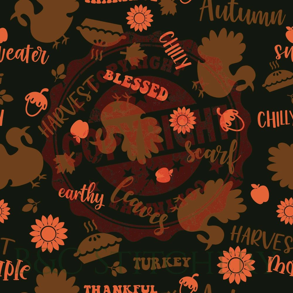 Autumn-themed words and illustrations in orange on black.