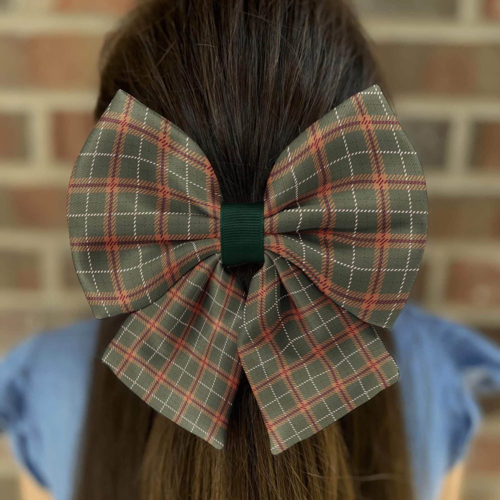 Plaid bow adorns long brown hair