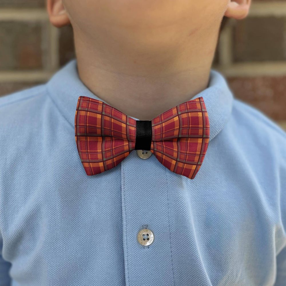 Child wearing plaid bow tie and blue shirt.