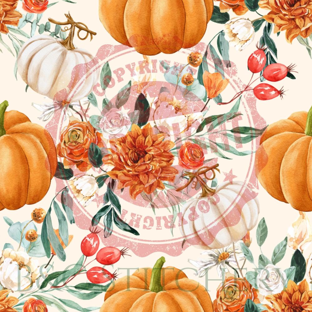 Pattern of pumpkins and autumn flowers.