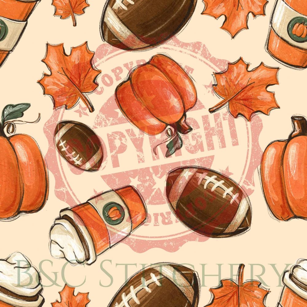 Autumn leaves, pumpkins, and footballs illustration