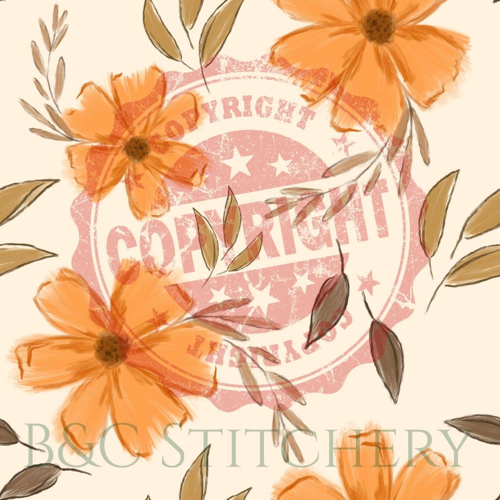 Bright orange flowers with brown leaves, copyright stamp.