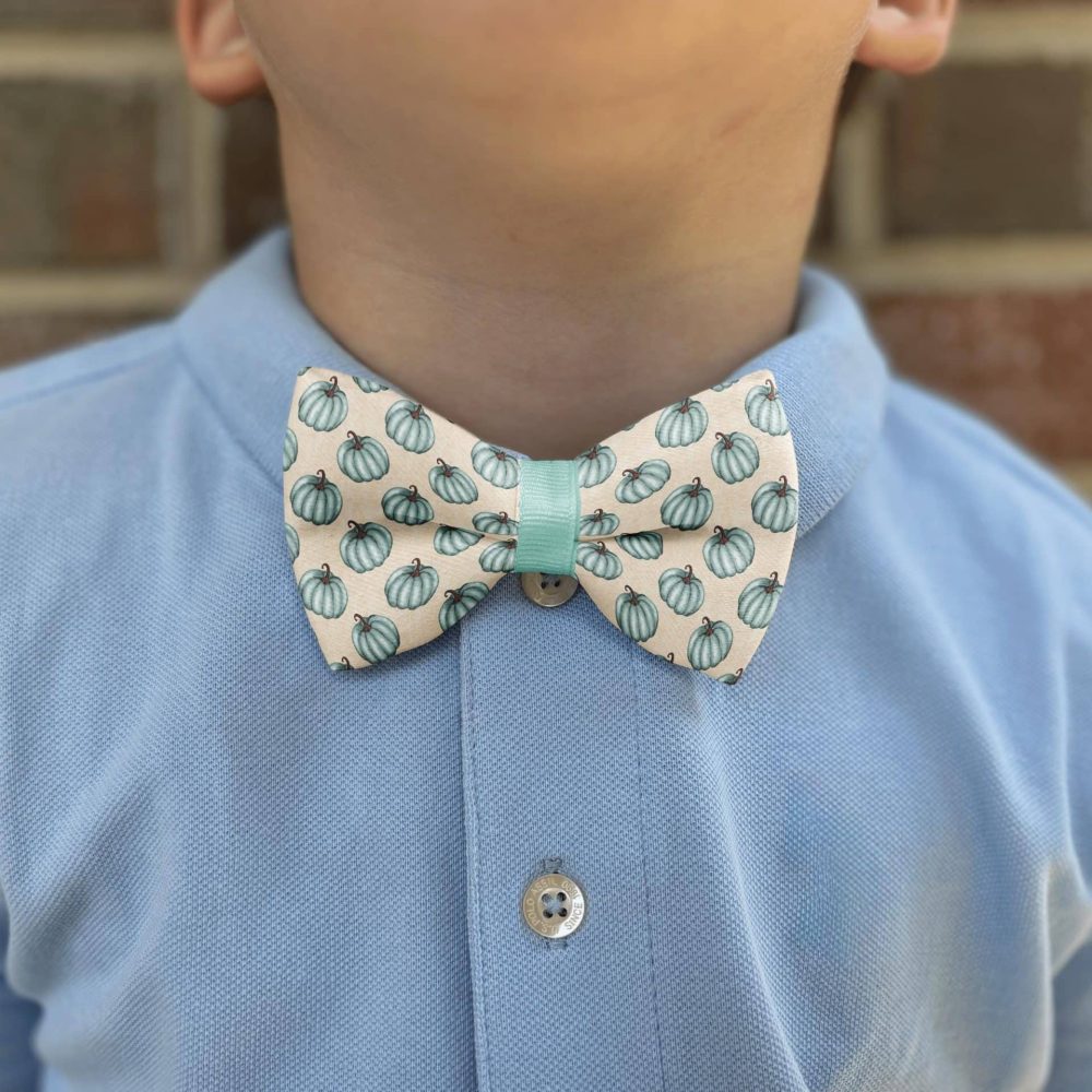 Child wearing pumpkin-patterned bow tie, blue shirt.