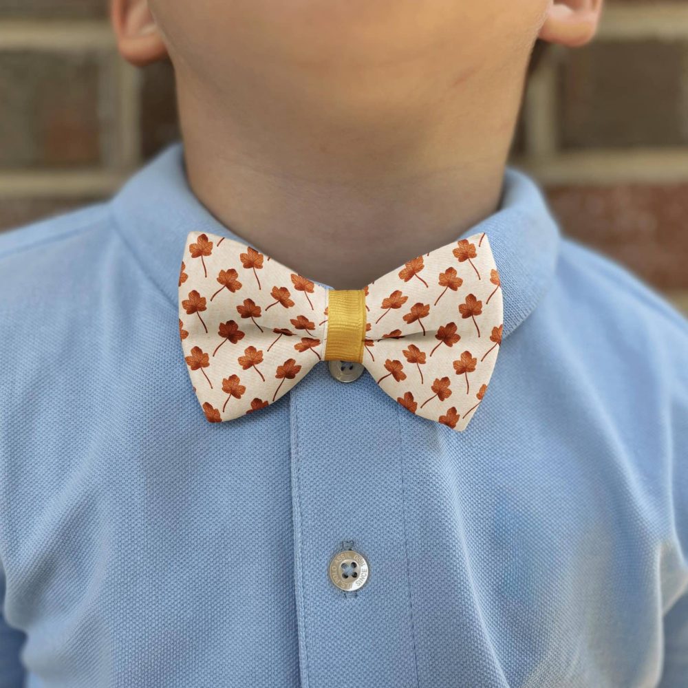 Child wearing clover-patterned bow tie and blue shirt.