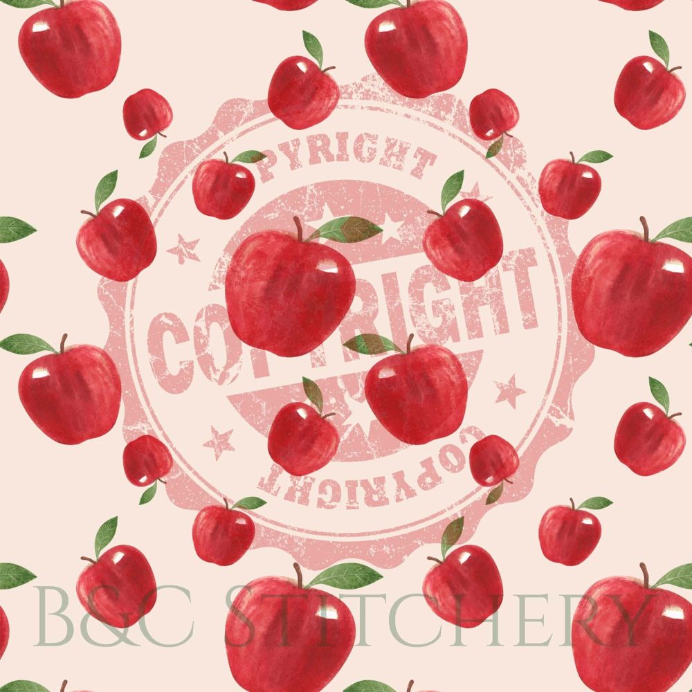 Pattern of red apples on beige background.