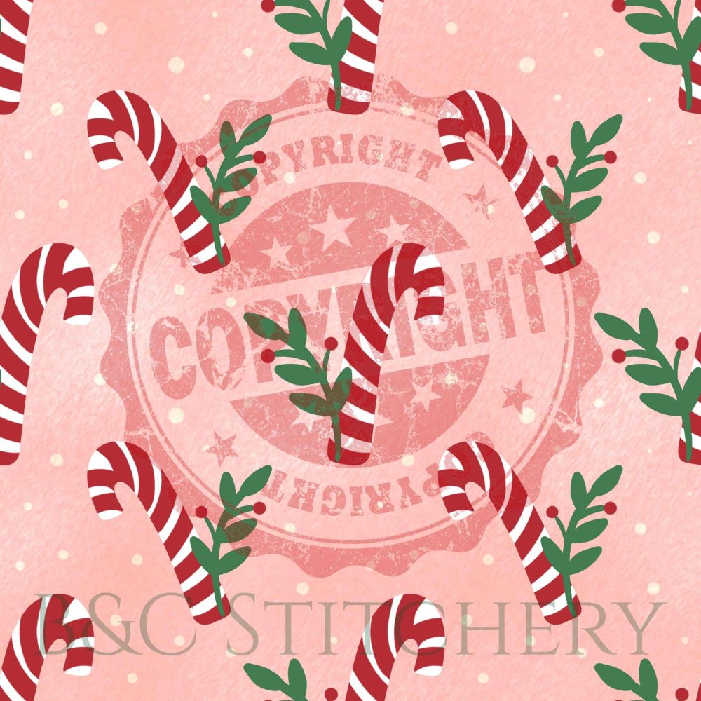 Candy cane pattern with leaves on pink background.
