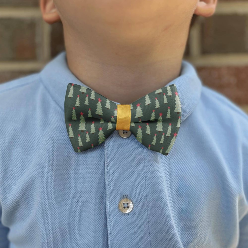 Child wearing festive bow tie and blue shirt