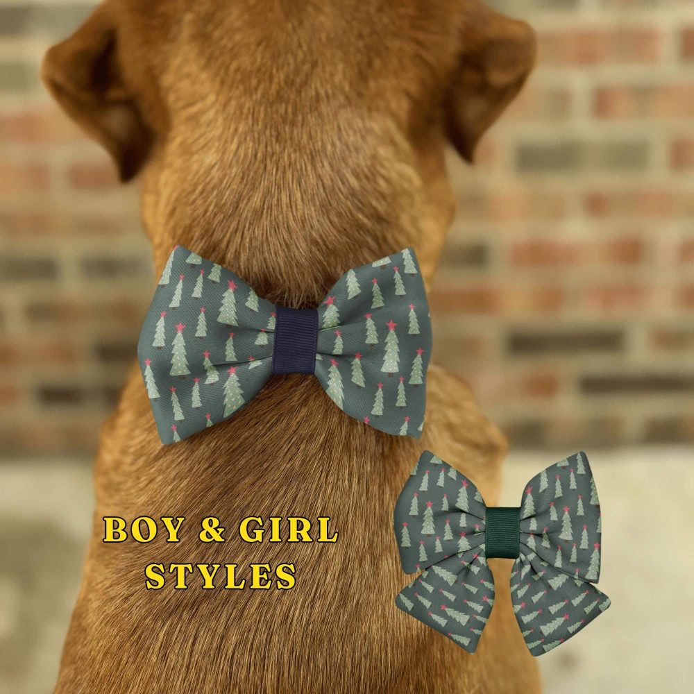 Dog wearing holiday-themed bow ties, boy and girl styles