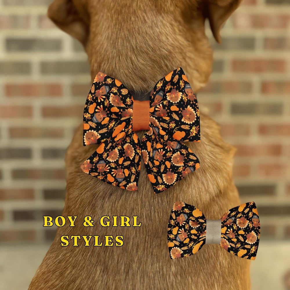 Dog wearing orange floral patterned bows