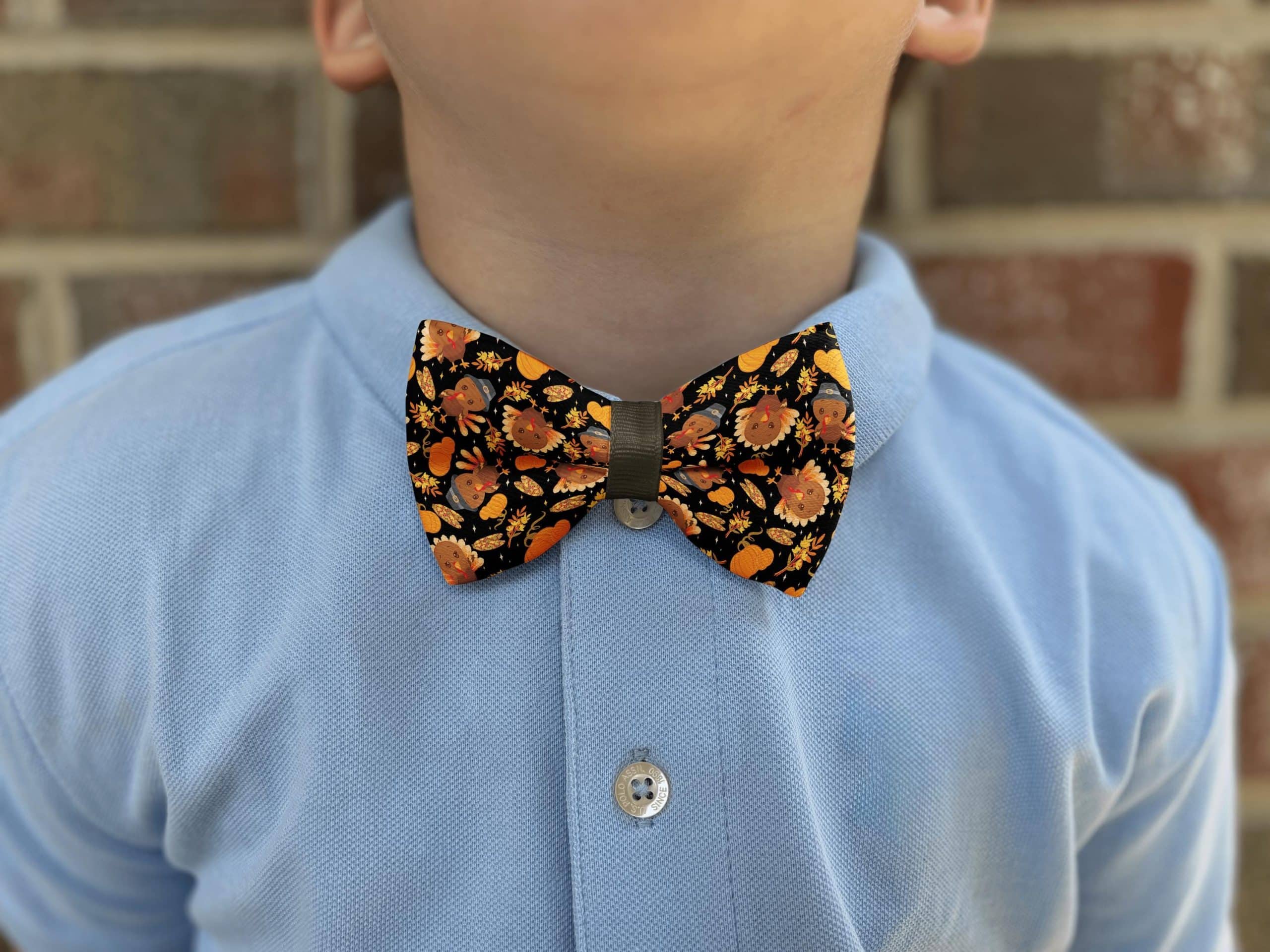 Child wearing autumn-themed bow tie