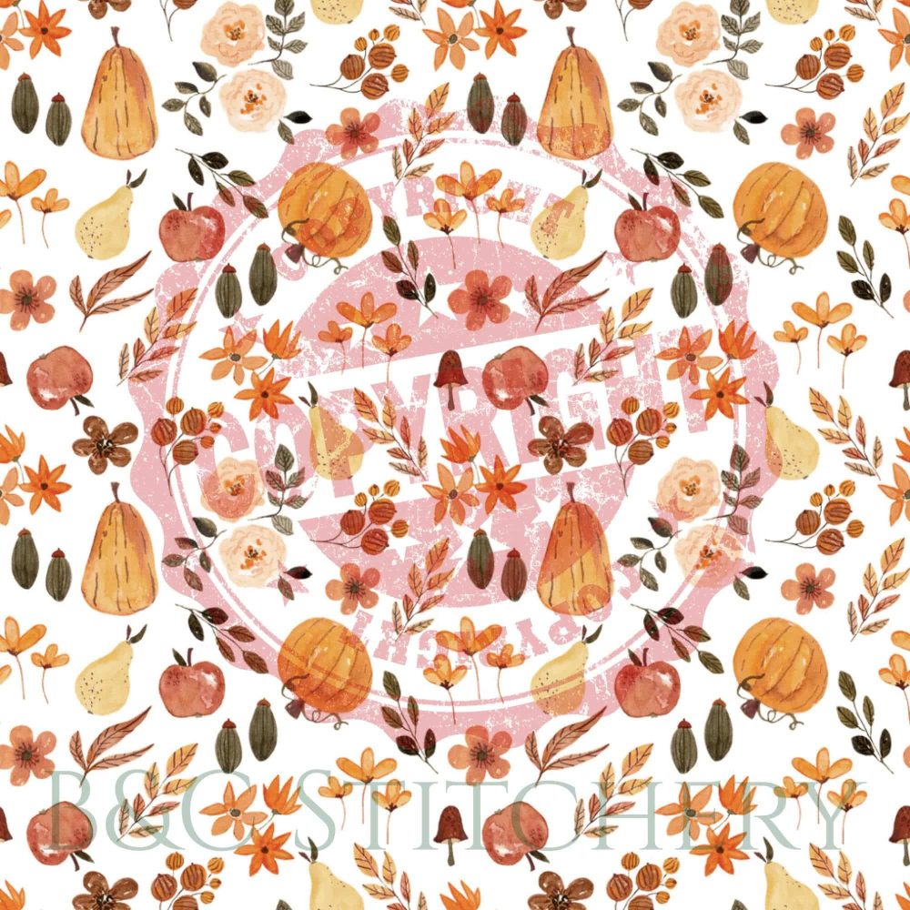 Autumn-themed pattern with pumpkins, fruits, and flowers.