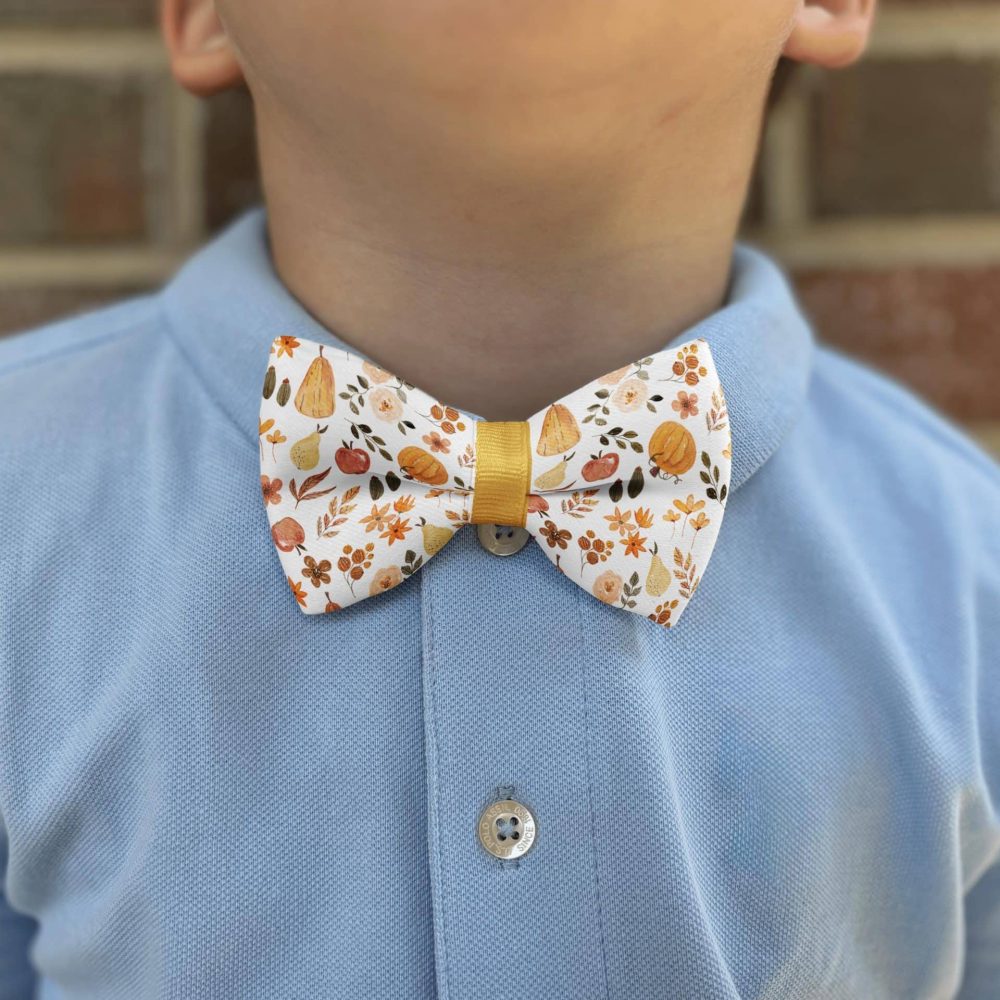 Child with fall-themed bow tie and blue shirt.