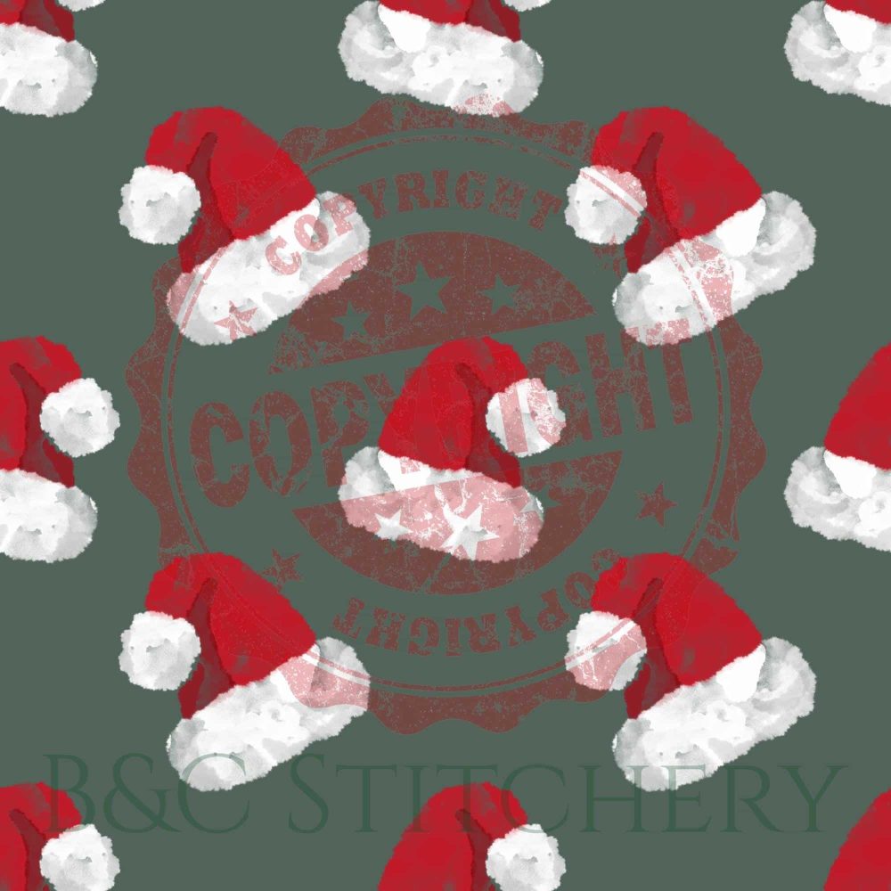 Pattern of red Santa hats on green background.