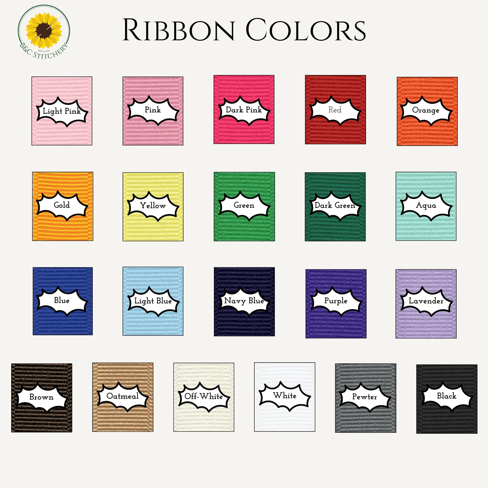 Colorful ribbons: pink, red, orange, blue, black, white.